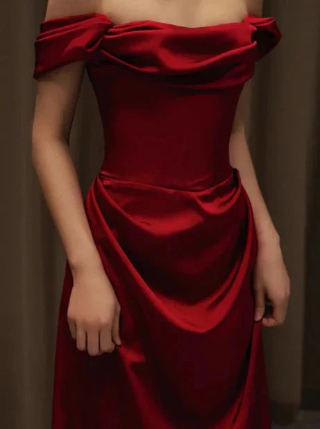 Elegant Mermaid Off The Shoulder Burgundy Satin Prom Dresses Formal Summer Wedding Guest Dresses Wedding Guest Outfits simple gentle atmospheric and unique desi Bring summer colors to enhance whiteness by YiHuiw