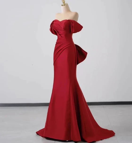 Elegant Mermaid Off The Shoulder Red Satin Prom Dresses Formal Summer Wedding Guest Dresses Wedding Guest Outfits simple gentle atmospheric and unique desi Bring summer colors to enhance whiteness by YiHuiw