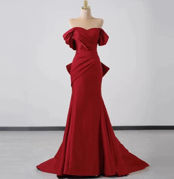 Elegant Mermaid Off The Shoulder Red Satin Prom Dresses Formal Summer Wedding Guest Dresses Wedding Guest Outfits simple gentle atmospheric and unique desi Bring summer colors to enhance whiteness by YiHuiw