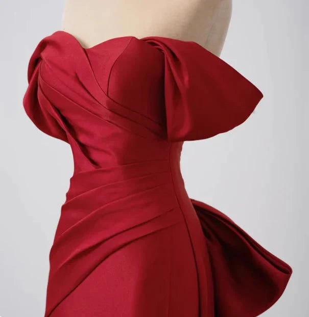 Elegant Mermaid Off The Shoulder Red Satin Prom Dresses Formal Summer Wedding Guest Dresses Wedding Guest Outfits simple gentle atmospheric and unique desi Bring summer colors to enhance whiteness by YiHuiw