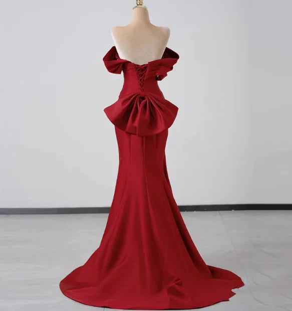 Elegant Mermaid Off The Shoulder Red Satin Prom Dresses Formal Summer Wedding Guest Dresses Wedding Guest Outfits simple gentle atmospheric and unique desi Bring summer colors to enhance whiteness by YiHuiw
