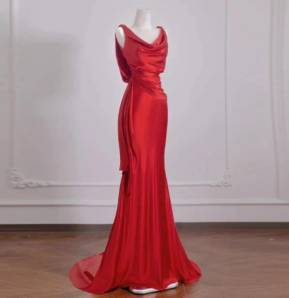 Elegant Mermaid V Neck Red Satin Prom Dresses Formal Summer Wedding Guest Dresses Wedding Guest Outfits simple gentle atmospheric and unique desi Bring summer colors to enhance whiteness by YiHuiw