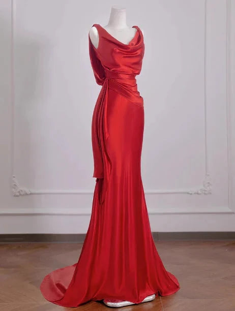 Elegant Mermaid V Neck Red Satin Prom Dresses Formal Summer Wedding Guest Dresses Wedding Guest Outfits simple gentle atmospheric and unique desi Bring summer colors to enhance whiteness by YiHuiw