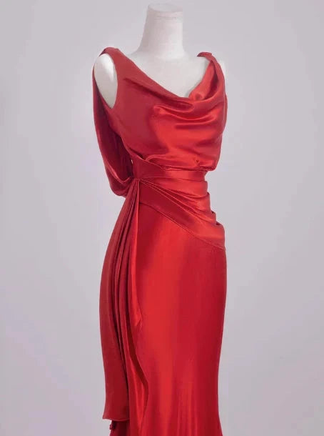 Elegant Mermaid V Neck Red Satin Prom Dresses Formal Summer Wedding Guest Dresses Wedding Guest Outfits simple gentle atmospheric and unique desi Bring summer colors to enhance whiteness by YiHuiw