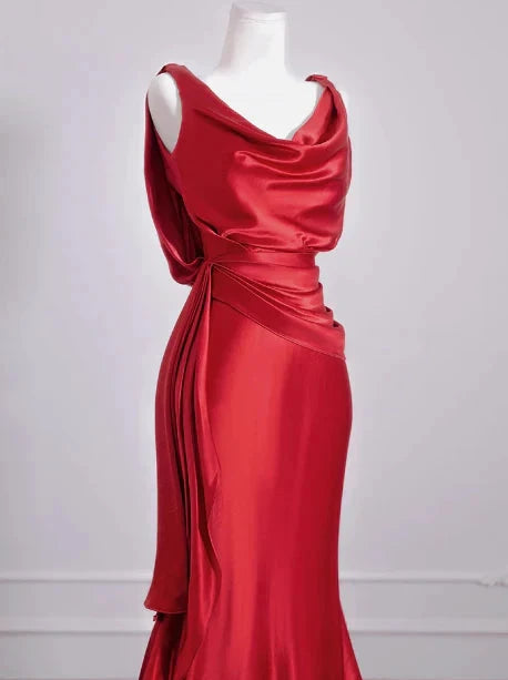 Elegant Mermaid V Neck Red Satin Prom Dresses Formal Summer Wedding Guest Dresses Wedding Guest Outfits simple gentle atmospheric and unique desi Bring summer colors to enhance whiteness by YiHuiw
