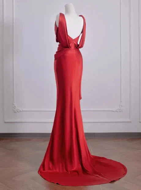 Elegant Mermaid V Neck Red Satin Prom Dresses Formal Summer Wedding Guest Dresses Wedding Guest Outfits simple gentle atmospheric and unique desi Bring summer colors to enhance whiteness by YiHuiw