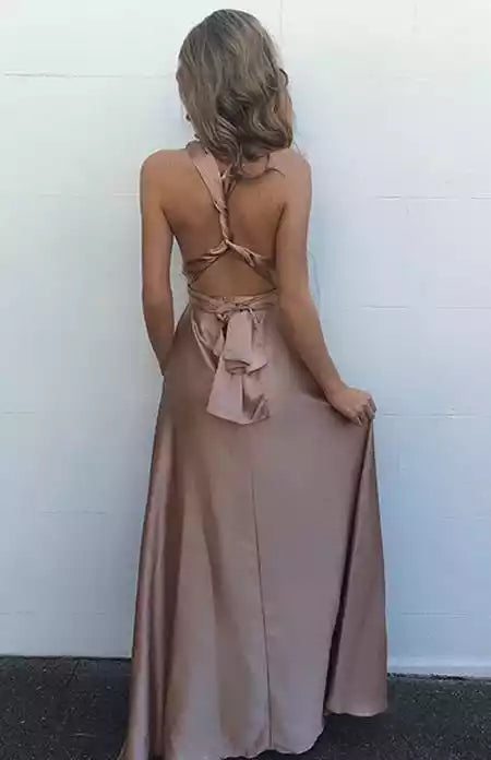 Elegant Mocha Satin A-Line Dress with Plunge V-Neck & Criss-Cross Back