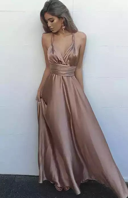 Elegant Mocha Satin A-Line Dress with Plunge V-Neck & Criss-Cross Back