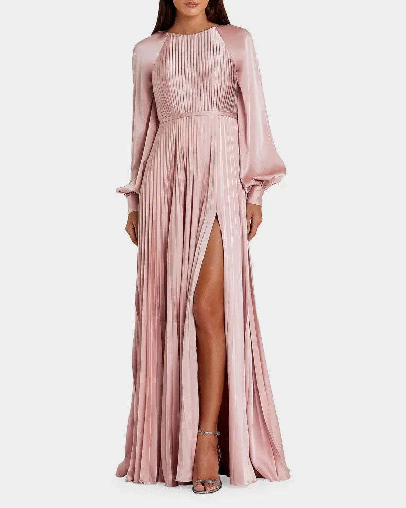 Elegant Modern Chic Blush Satin Pleated A-Line Silhouette Round Neck Balloon Sleeves High Side Slit Floor-Length with Sweep Train Evening Dress by LANQI DRESS