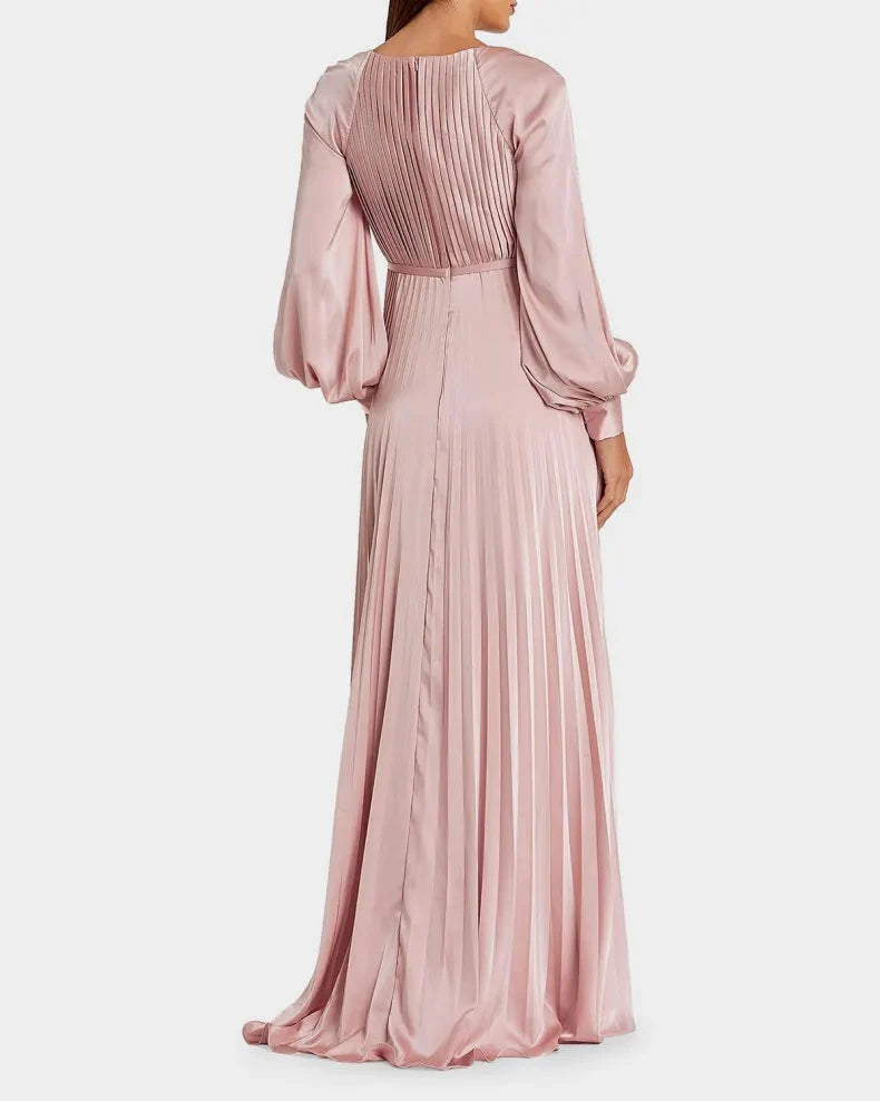 Elegant Modern Chic Blush Satin Pleated A-Line Silhouette Round Neck Balloon Sleeves High Side Slit Floor-Length with Sweep Train Evening Dress by LANQI DRESS