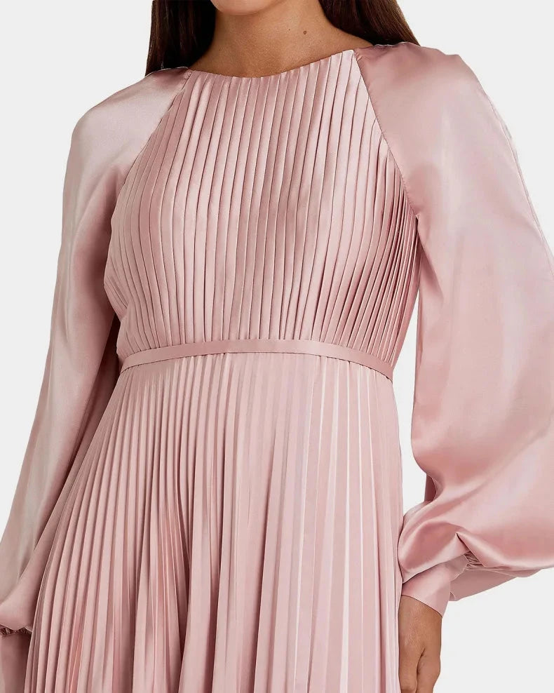 Elegant Modern Chic Blush Satin Pleated A-Line Silhouette Round Neck Balloon Sleeves High Side Slit Floor-Length with Sweep Train Evening Dress by LANQI DRESS