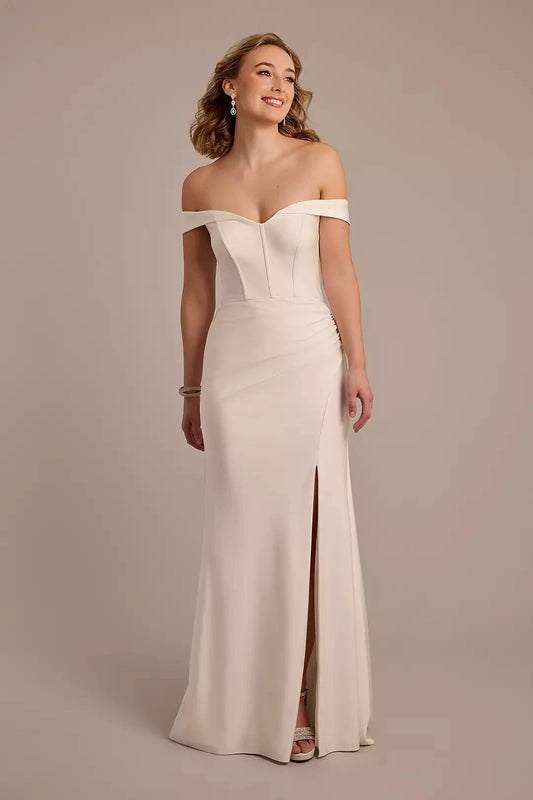 Elegant Modern Mermaid Off-the-Shoulder Satin Ruched Bodice High-Slit Low-Back Train Wedding Dress by YiHuiw