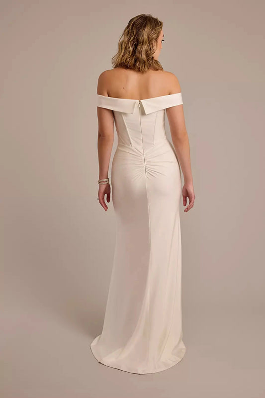 Elegant Modern Mermaid Off-the-Shoulder Satin Ruched Bodice High-Slit Low-Back Train Wedding Dress by YiHuiw