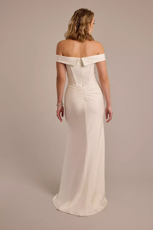 Elegant Modern Mermaid Off-the-Shoulder Satin Ruched Bodice High-Slit Low-Back Train Wedding Dress