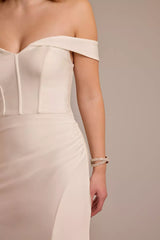 Elegant Modern Mermaid Off-the-Shoulder Satin Ruched Bodice High-Slit Low-Back Train Wedding Dress