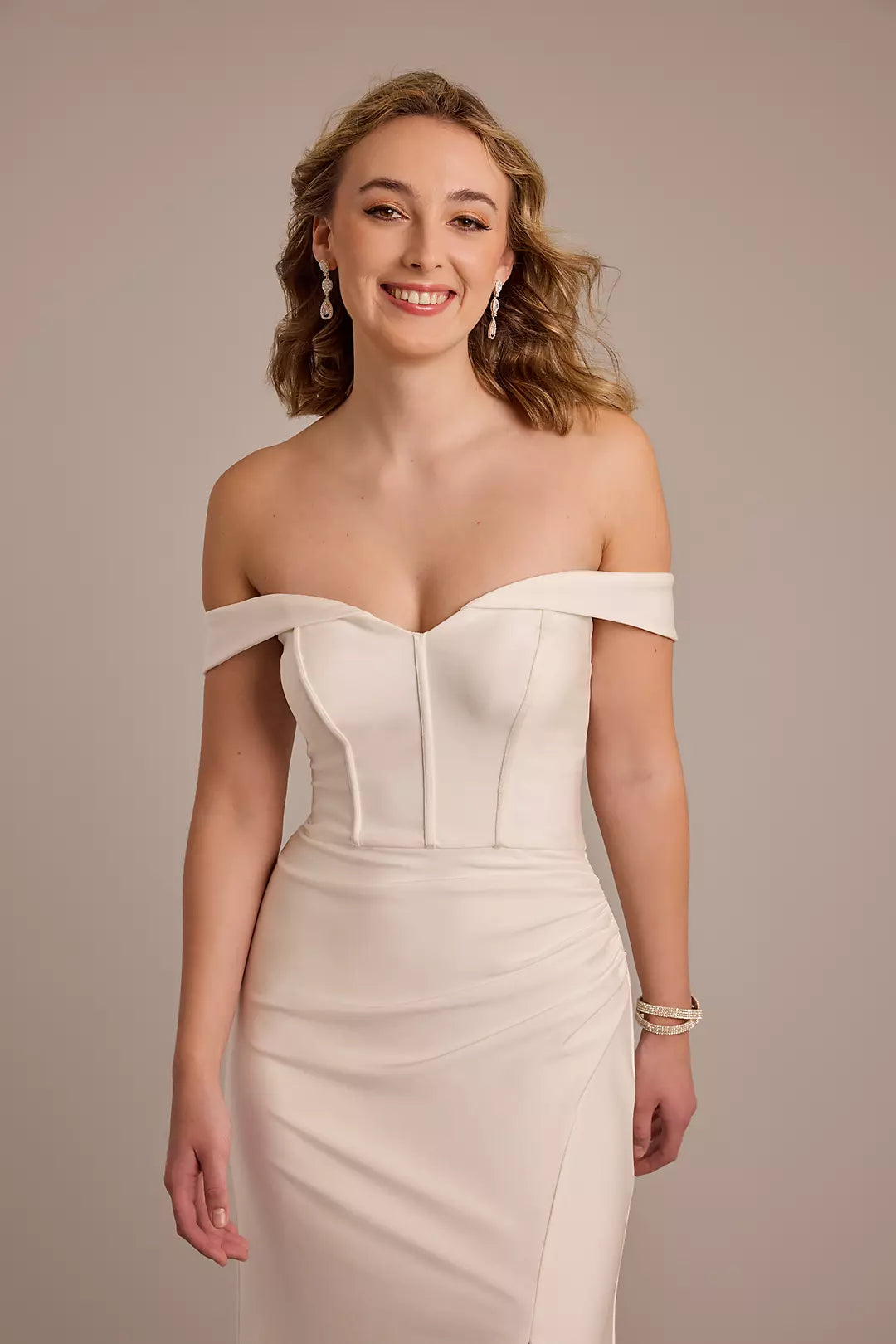 Elegant Modern Mermaid Off-the-Shoulder Satin Ruched Bodice High-Slit Low-Back Train Wedding Dress