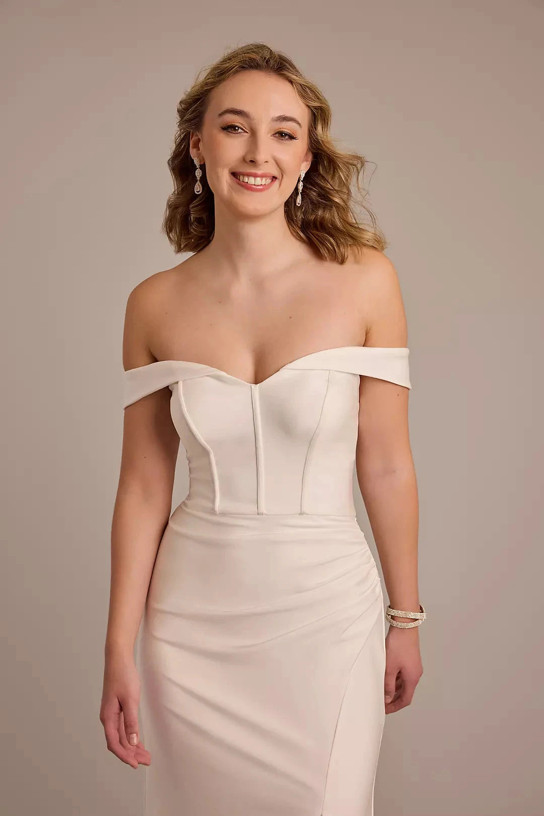 Elegant Modern Mermaid Off-the-Shoulder Satin Ruched Bodice High-Slit Low-Back Train Wedding Dress by YiHuiw