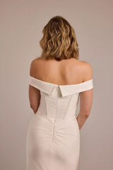 Elegant Modern Mermaid Off-the-Shoulder Satin Ruched Bodice High-Slit Low-Back Train Wedding Dress