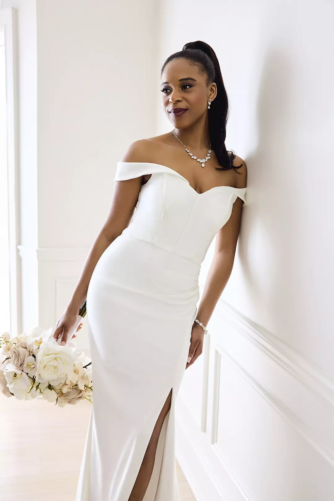 Elegant Modern Mermaid Off-the-Shoulder Satin Ruched Bodice High-Slit Low-Back Train Wedding Dress