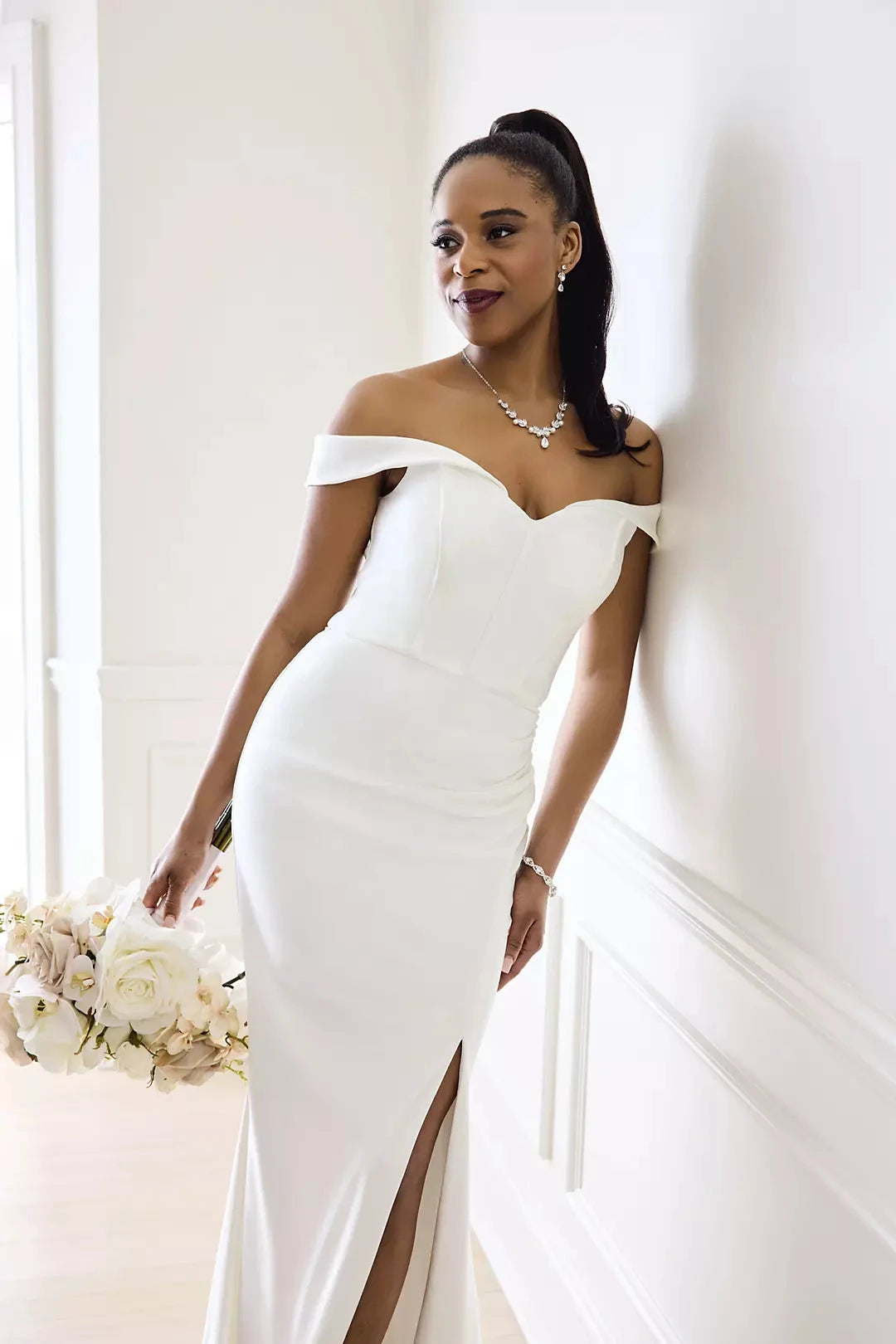Elegant Modern Mermaid Off-the-Shoulder Satin Ruched Bodice High-Slit Low-Back Train Wedding Dress by YiHuiw