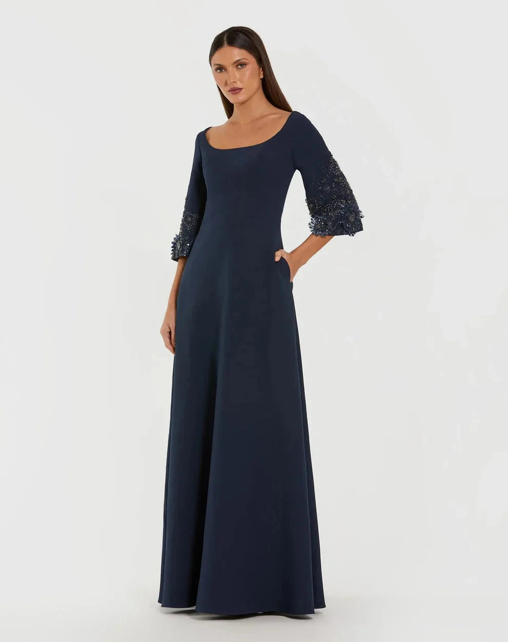 Elegant Navy A-Line Gown Square Neck Elbow Sleeves Zipper Back Floor-Length Evening Dresses by LANQI DRESS