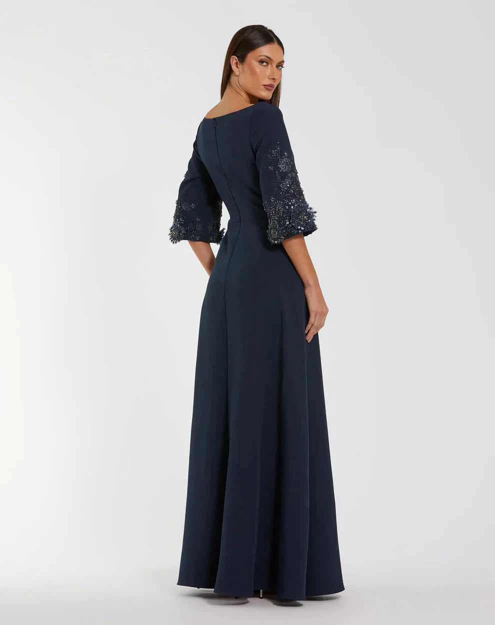Elegant Navy A-Line Gown Square Neck Elbow Sleeves Zipper Back Floor-Length Evening Dresses by LANQI DRESS