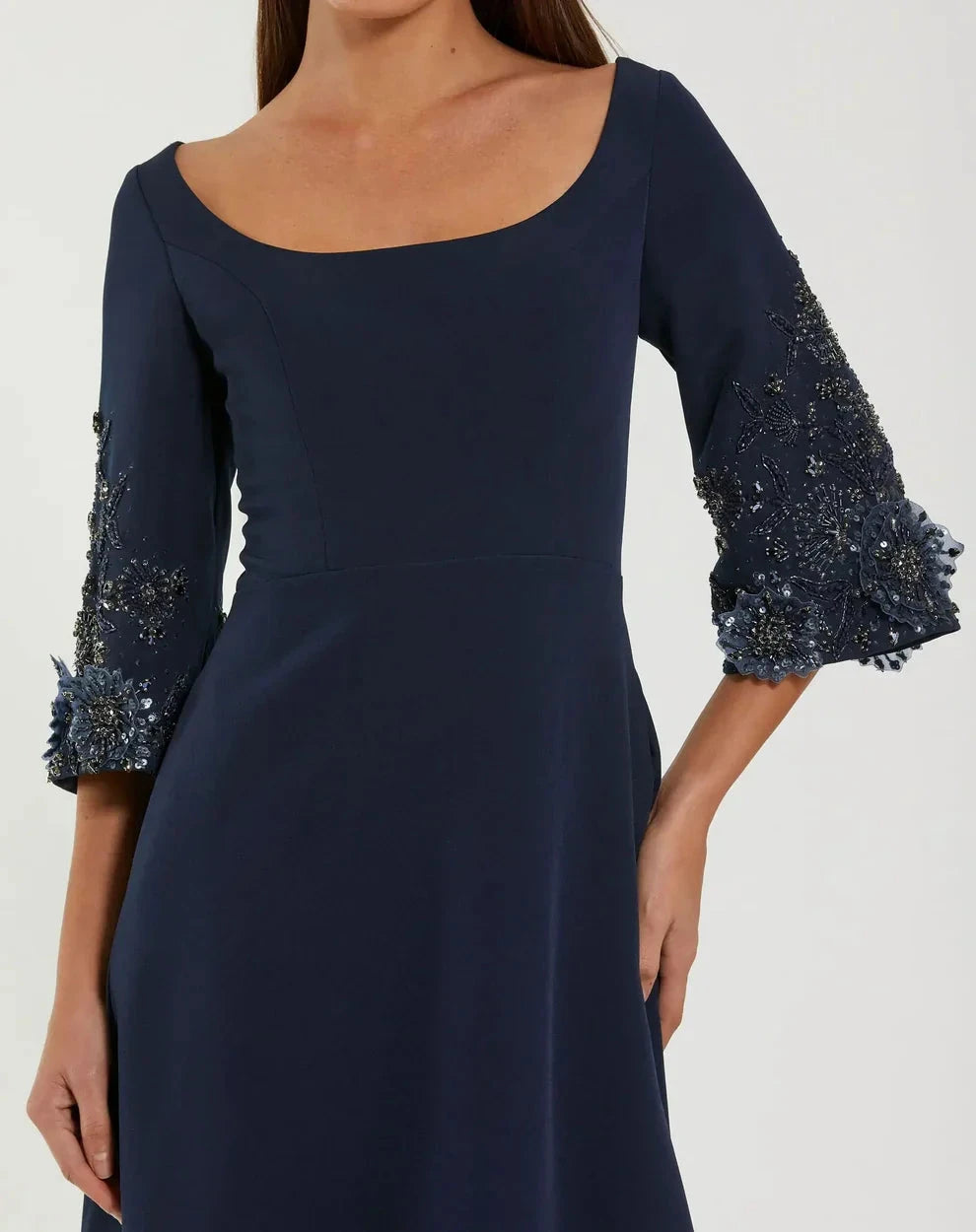 Elegant Navy A-Line Gown Square Neck Elbow Sleeves Zipper Back Floor-Length Evening Dresses by LANQI DRESS