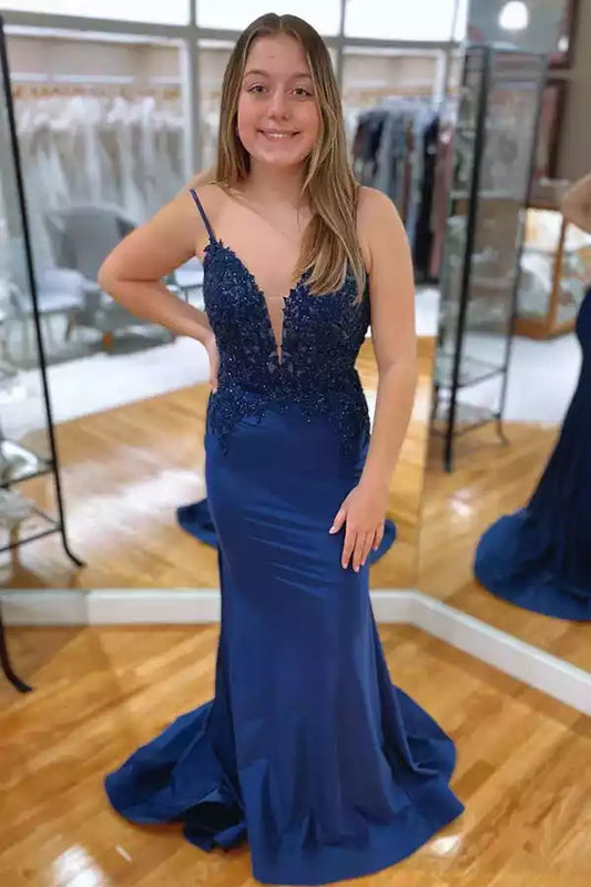 Elegant Navy Blue Satin Mermaid Dress with Lace Bodice & Criss-Cross Back