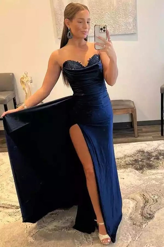 Elegant Navy Blue Velvet & Satin Mermaid Dress with Sweetheart Neck & Open Back