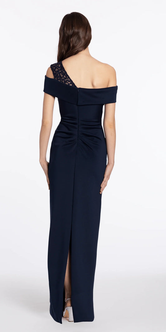 Elegant Navy Evening Dress with Asymmetric Neckline and Lace Shoulder Detail