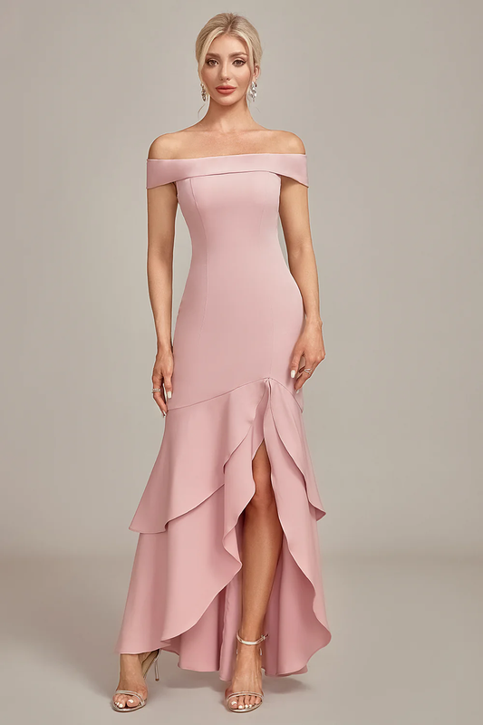 Elegant Off-Shoulder Mermaid Ruffle High-Slit Floor-Length Mother of the Bride Dress