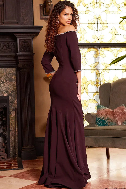 Elegant Off-the-Shoulder Evening Dresses with Rhinestone Trim Detail, Ruched Waist Accent, Cascading Ruffle Skirt and Form-Fitting Crepe Mermaid Maxi Silhouette Formal Dress