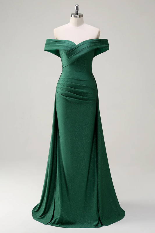 Elegant Off-the-Shoulder Evening Dress with Shimmering Fabric and Side Ruched Detail