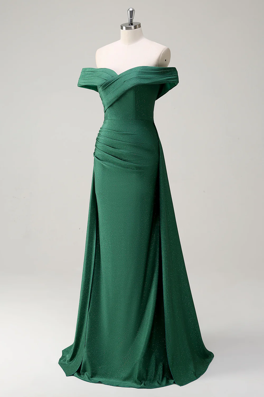 Elegant Off-the-Shoulder Evening Dress with Shimmering Fabric and Side Ruched Detail