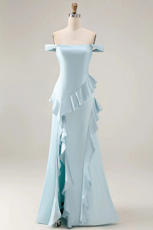 Elegant Off-the-Shoulder Satin Evening Dress with Cascading Ruffle Trim
