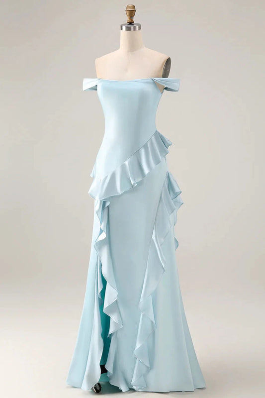 Elegant Off-the-Shoulder Satin Evening Dress with Cascading Ruffle Trim