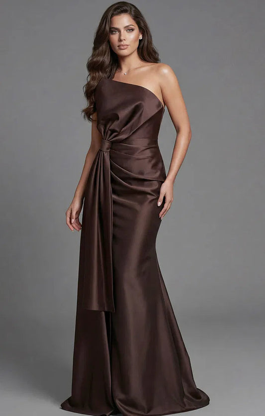 Elegant One-Shoulder Evening Dresses with Draped Sash Detail, Back Slit Design and Lustrous Satin Mermaid Maxi Silhouette Formal Dress