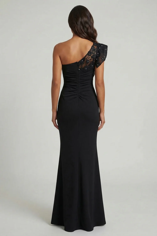 Elegant One-Shoulder Lace Puff Sleeve Ruched Mermaid Mother of the Bride Dress
