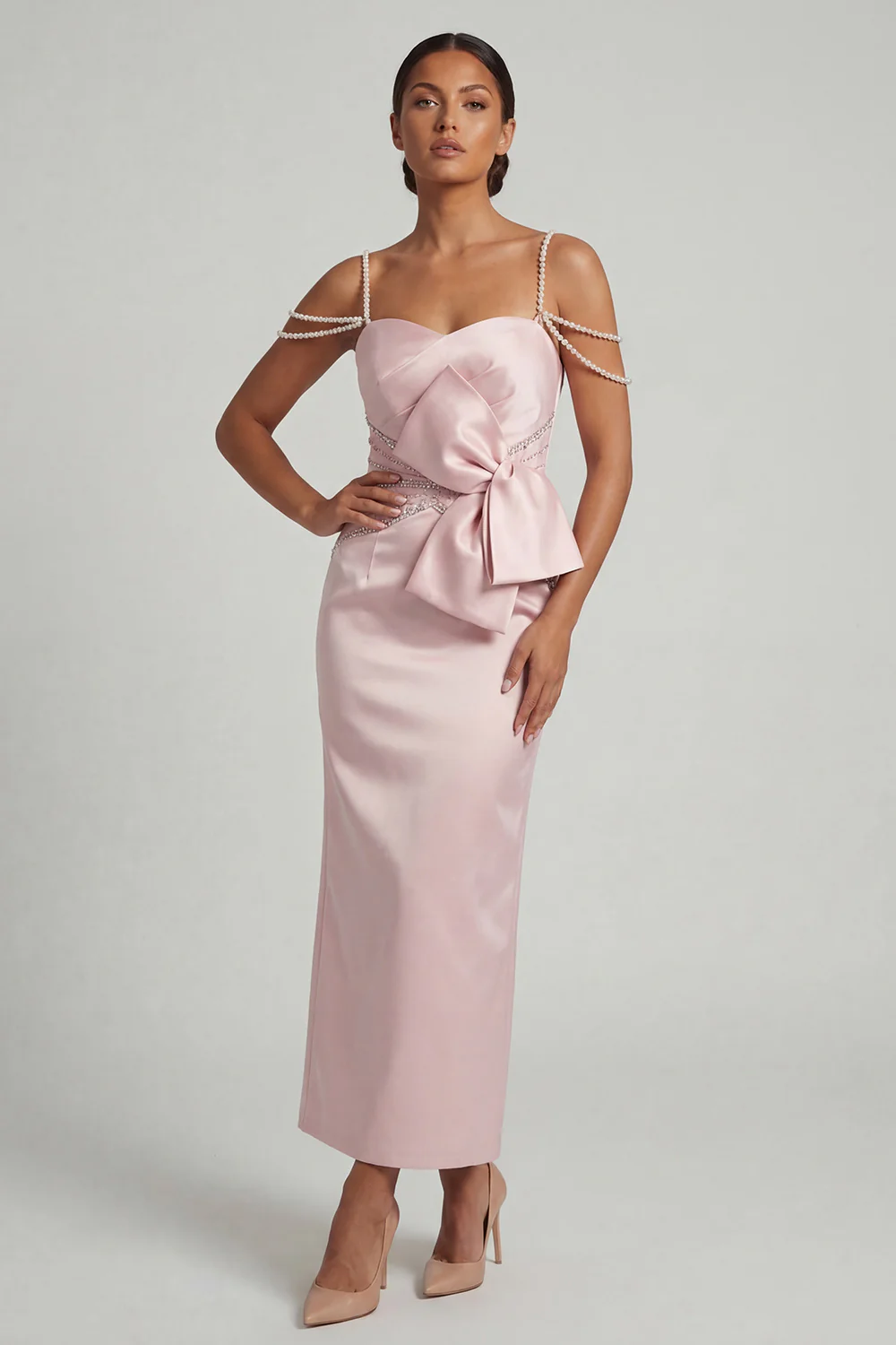 Elegant Pearl Strap Satin Bow Waist Crystal Embellished Midi Mother of the Bride Dress