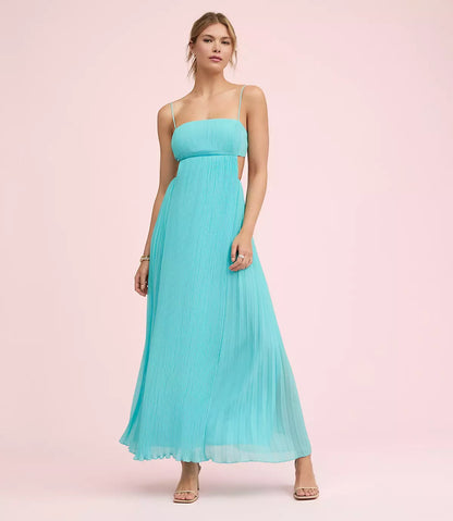 Elegante vestido formal de noche midi de gasa plisada con escote cuadrado, aberturas y espalda descubierta