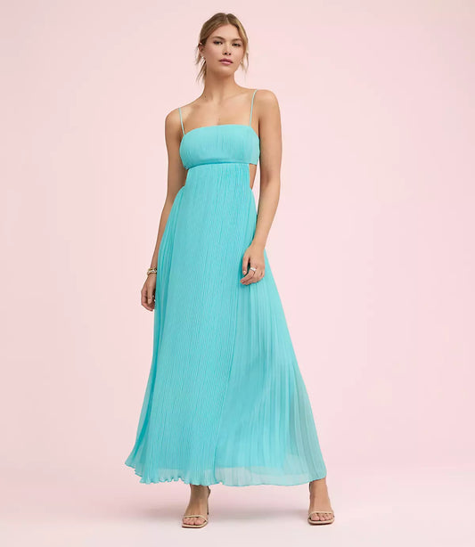 Elegant Pleated Chiffon Square Neck Cutout Back Midi Formal Evening Dress