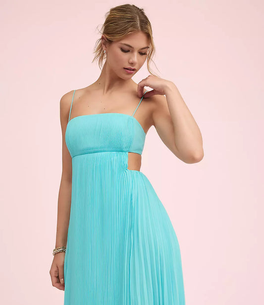 Elegant Pleated Chiffon Square Neck Cutout Back Midi Formal Evening Dress