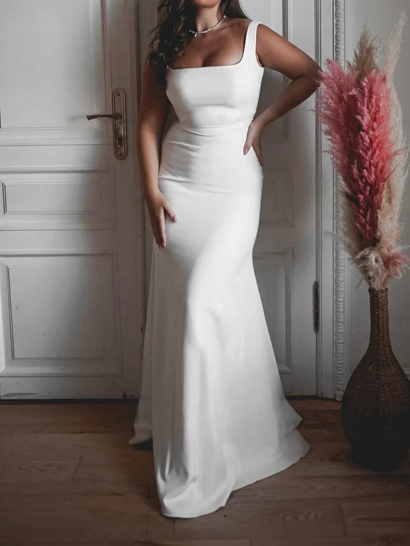 Elegante vestido de novia de satén talla grande con corte sirena, escote cuadrado, espalda baja y cierre de cremallera
