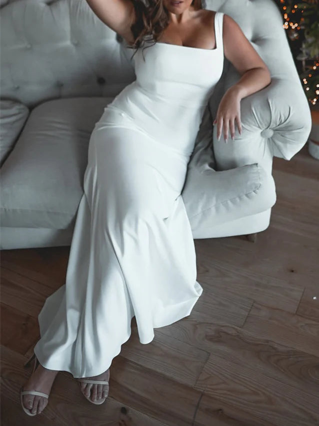 Elegante vestido de novia de satén talla grande con corte sirena, escote cuadrado, espalda baja y cierre de cremallera