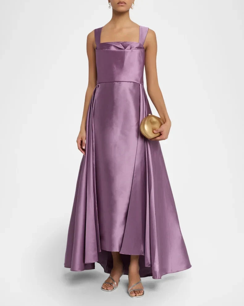 Elegant Refined Orchid Purple Satin Ball Gown Silhouette Square Neck Wide Straps High-Low Hem Floor-Length Evening Dress by LANQI DRESS