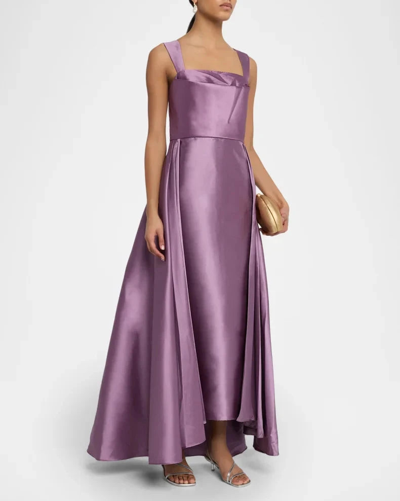 Elegant Refined Orchid Purple Satin Ball Gown Silhouette Square Neck Wide Straps High-Low Hem Floor-Length Evening Dress by LANQI DRESS