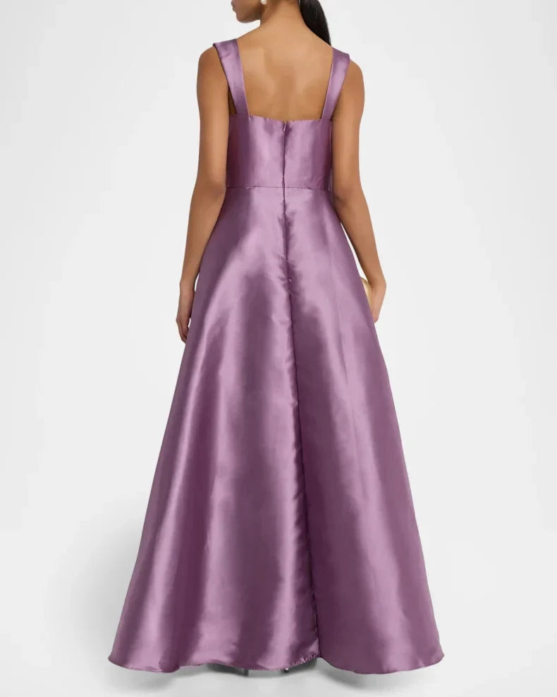 Elegant Refined Orchid Purple Satin Ball Gown Silhouette Square Neck Wide Straps High-Low Hem Floor-Length Evening Dress by LANQI DRESS