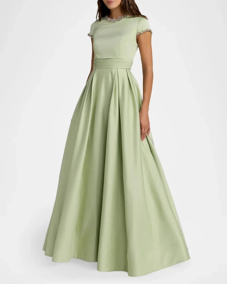 Elegant Refined Sage Green Satin A-Line Silhouette Round Neck Short Sleeves Beaded Trim Ruched Waist Floor-Length Evening Dress by LANQI DRESS