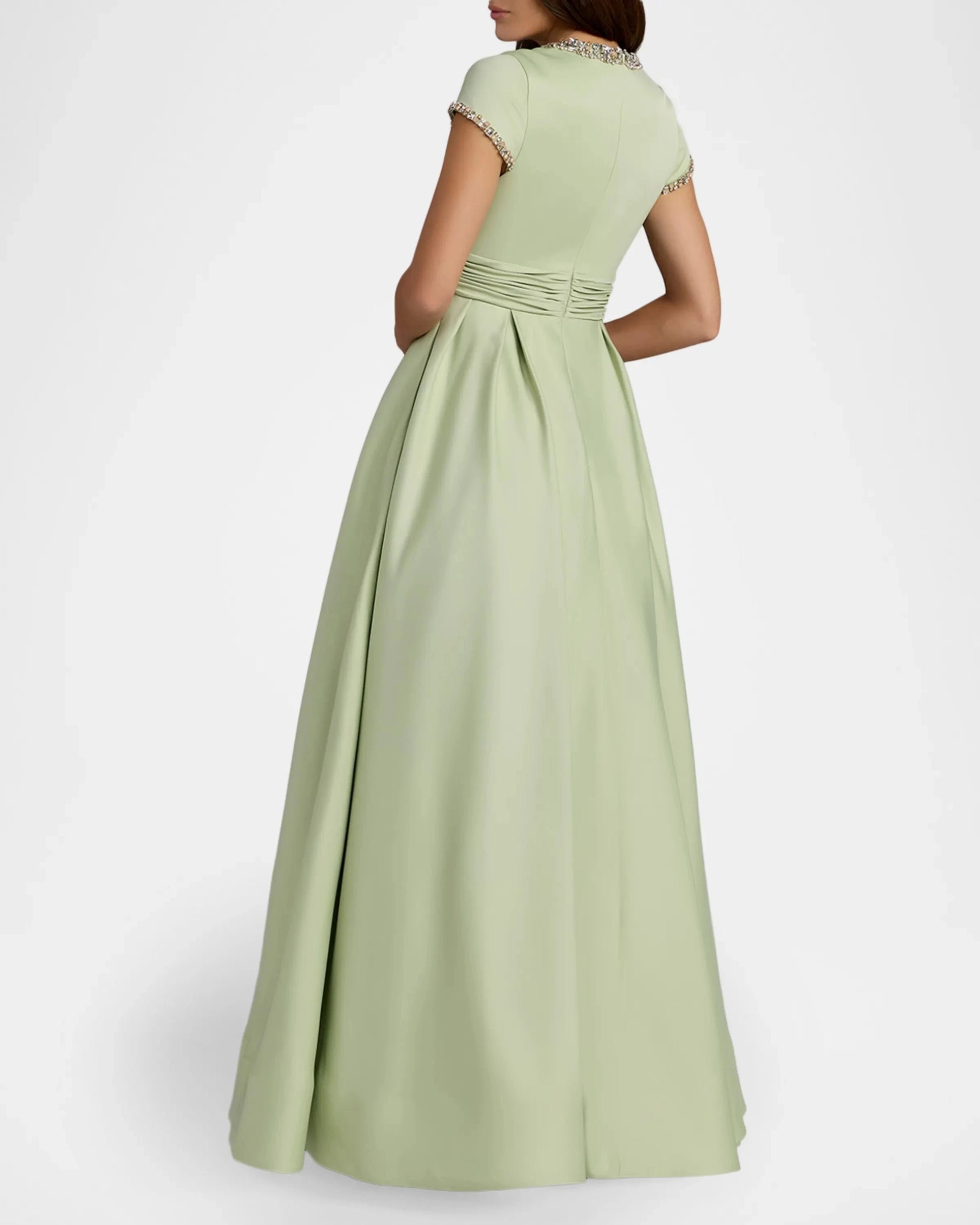 Elegant Refined Sage Green Satin A-Line Silhouette Round Neck Short Sleeves Beaded Trim Ruched Waist Floor-Length Evening Dress by LANQI DRESS