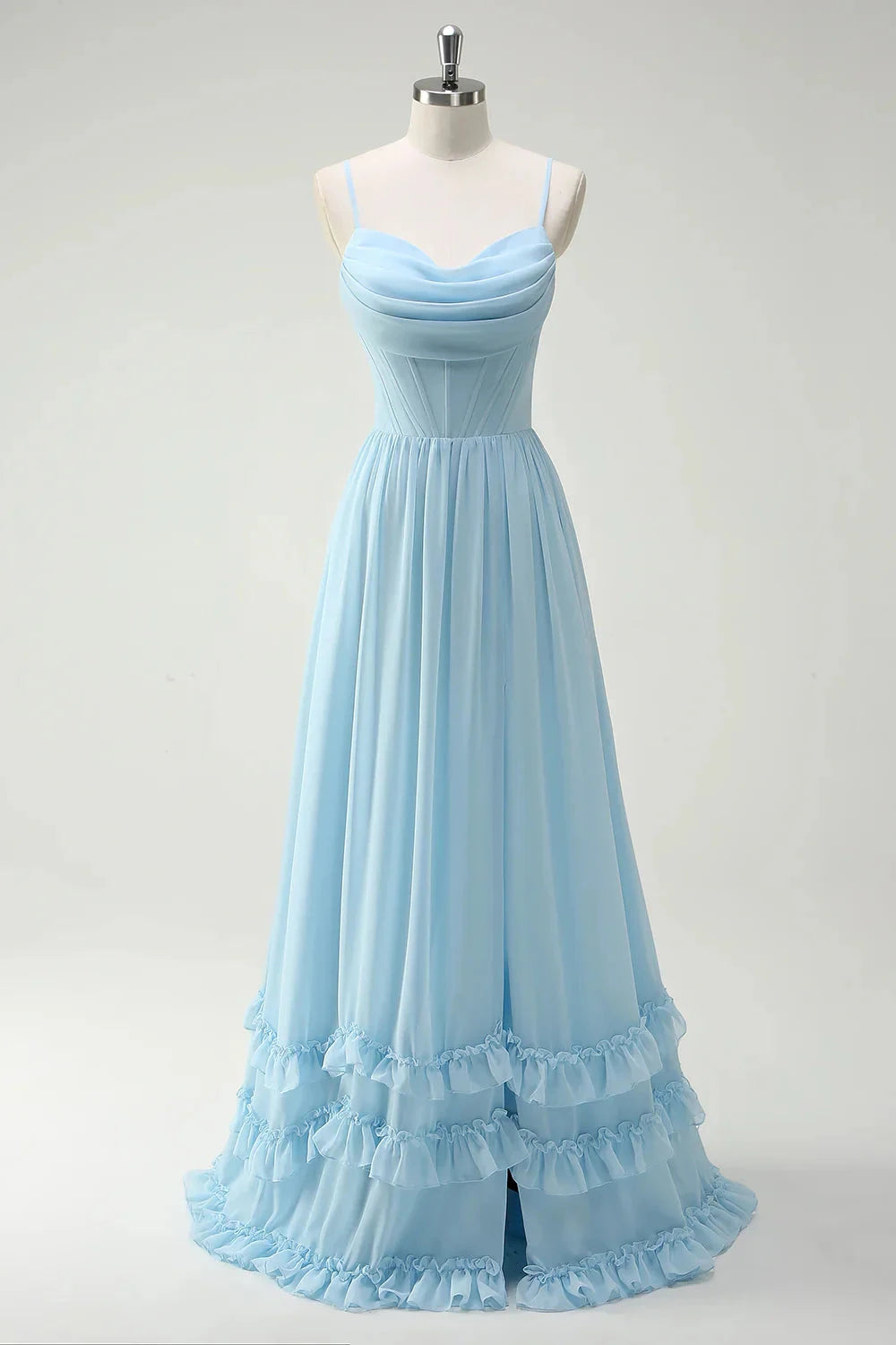 Elegant Romantic Flowy A-Line Cowl Neck Spaghetti Strap Lace-Up Back Ruffled Tiered High-Slit Floor-Length Chiffon Evening Dress by LANQI DRESS